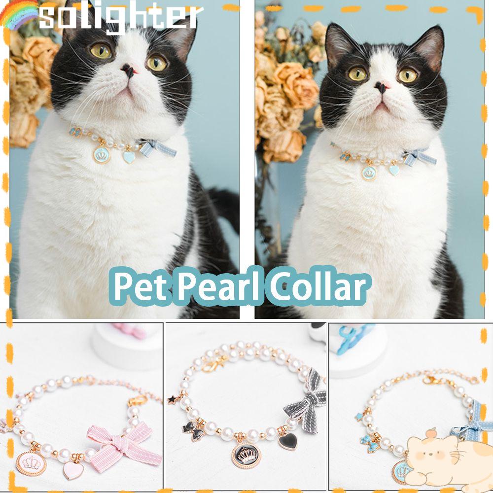 Solighter Pet Pearl Collar Pendant Perlengkapan Kucing Produk Hewan Peliharaan Adjustable Bow Dog Bell