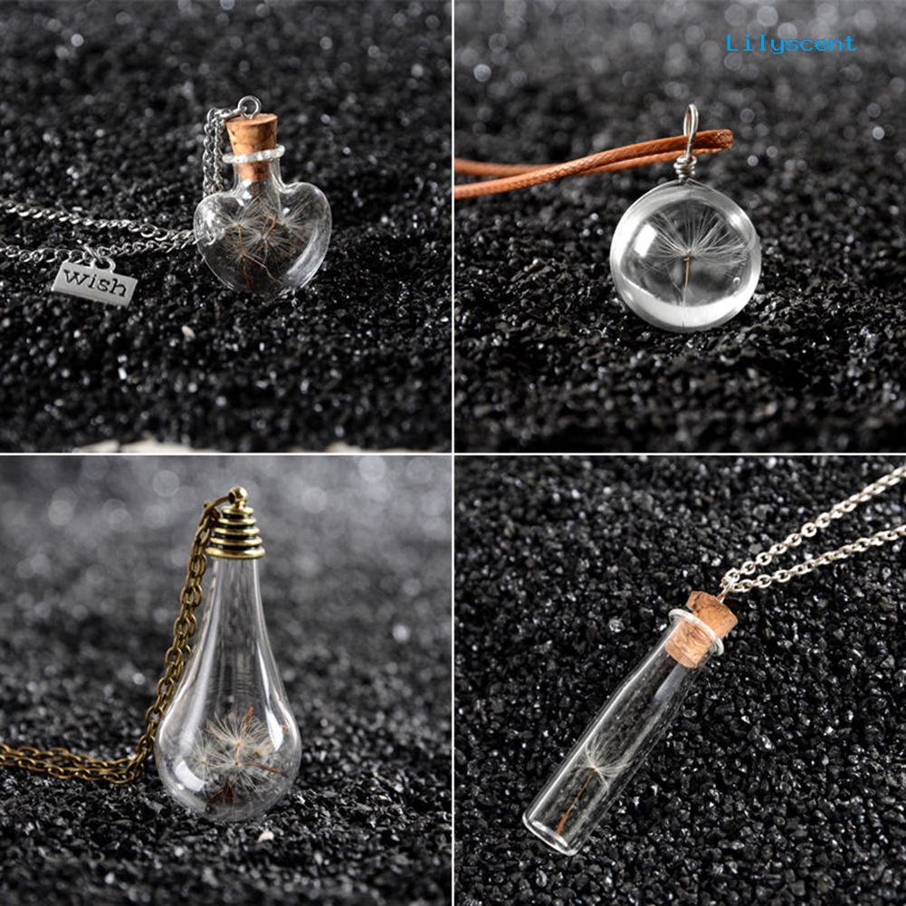 Ls Unisex Dried Dandelion Bow-knot Pendant Glass Wish Bottle Kalung Rantai Panjang