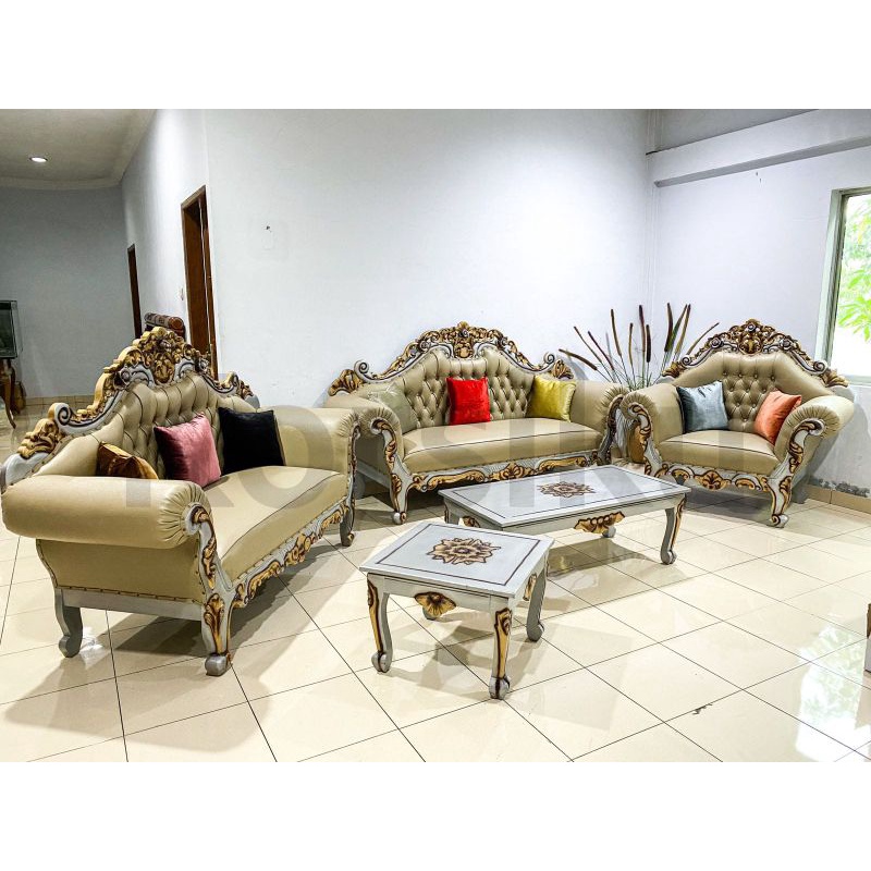 Sofa Kursi Tamu Kayu Ukir Egyptian Mawar Jumbo 221 + 2 Meja