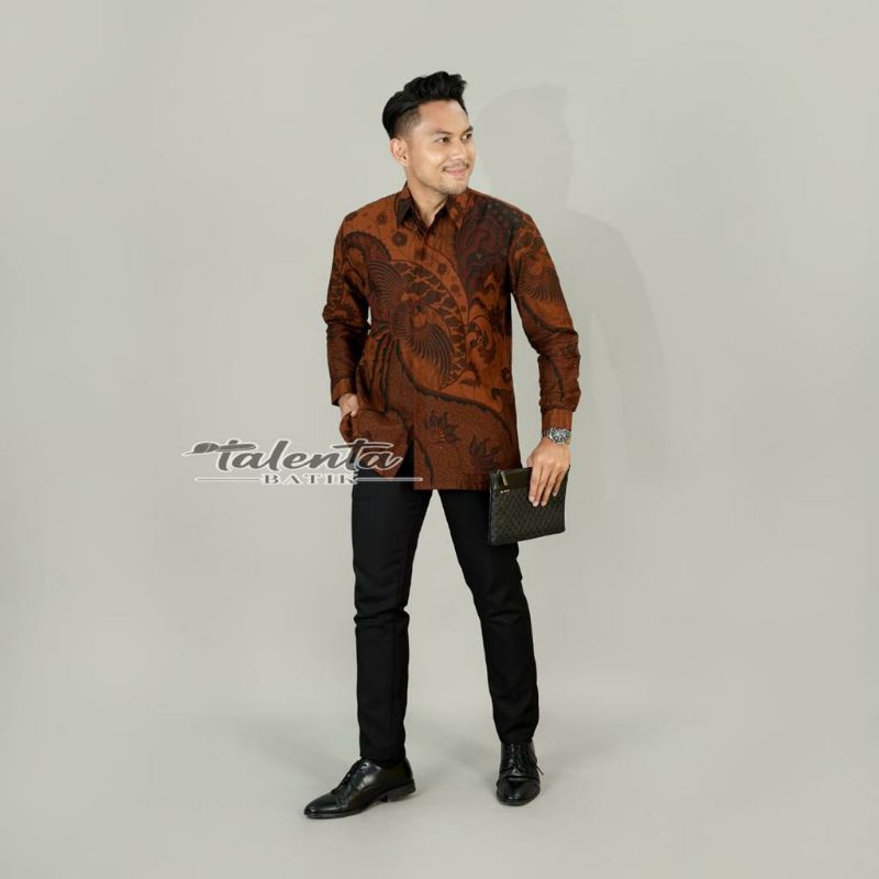 Batik kemeja pria lengan pendek &amp; panjang bahan katun baturaden reguler coklat sogan