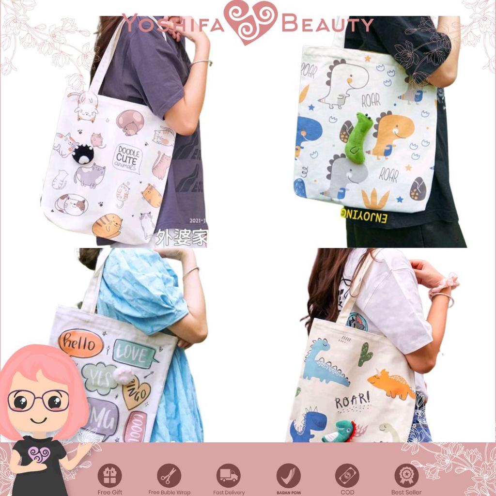 Tote  Bag   Dino Tirex  Cat Cute | Tas Sekolah Tas Belanja Lucu