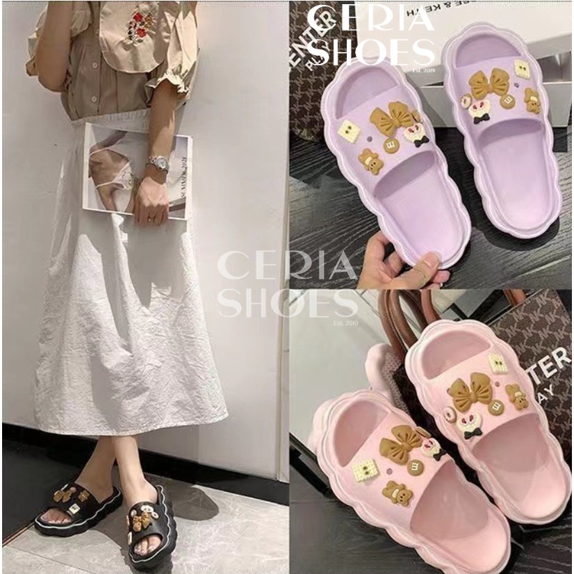 PVC Sandal Slop Wanita Karet Import Korean Slippers Flip Flop Rubber Elastic Super Soft Non-Slip Sole Brown Jibbitz