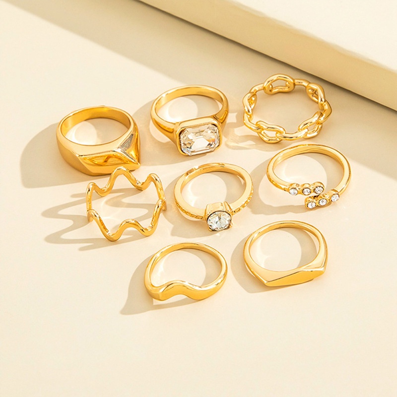 8pcs/set Vintage Geometris Cincin Untuk Wanita Berlapis Emas Mewah Pesona Memutar Rantai Zirkon Anillos Perhiasan Hadiah