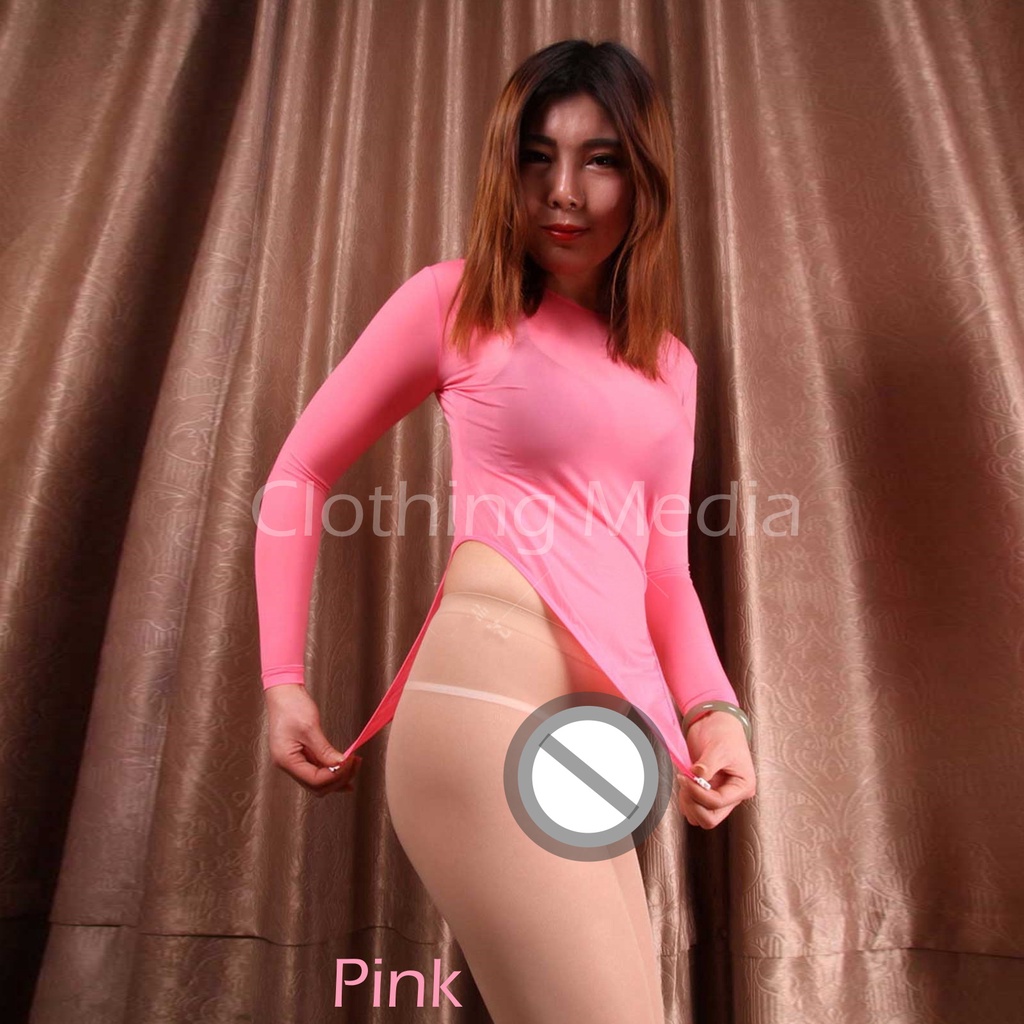 Baju Leotard Silky Wanita Lengan Panjang Gim Lingerie Bodysuit Semi Transparan