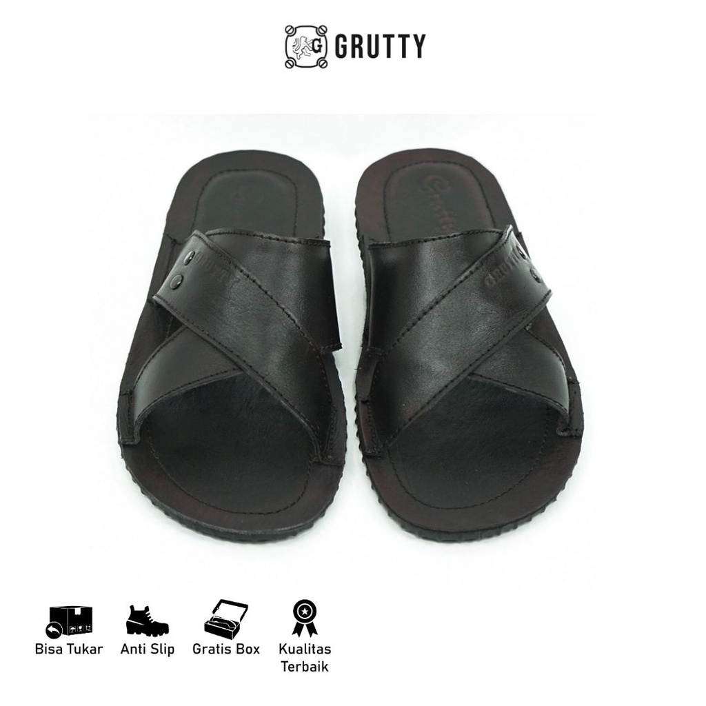 Sandal Pria Kulit Grutty DC023 ORIGINAL Sendal Slide Fashion Coklat