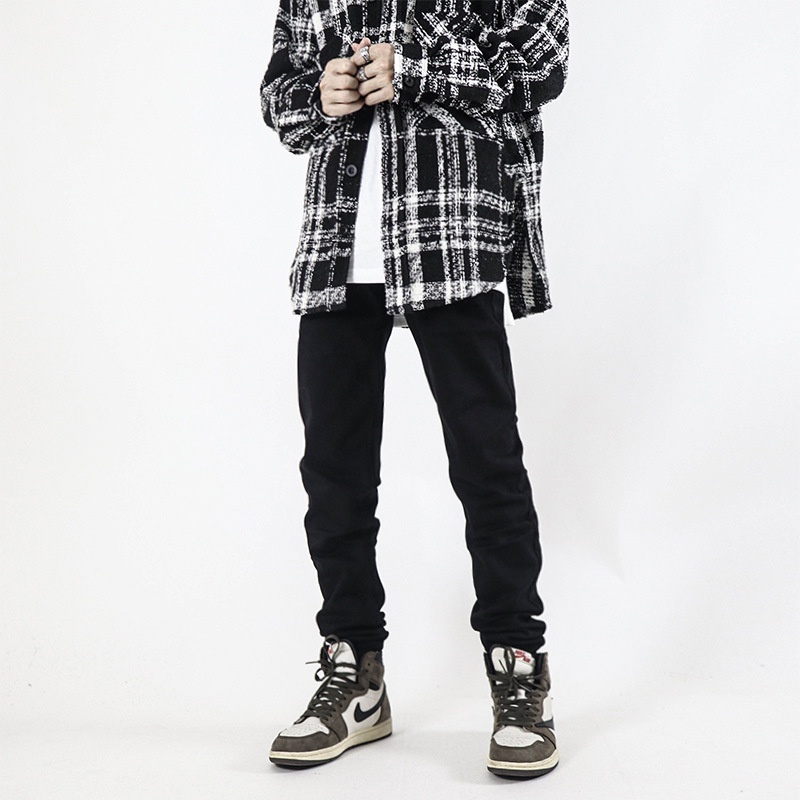 Celana jeans pria 2022 Eropa  Amerika  High Street Kulit Hitam Celana Slim Fit Skinny Jeans  Pria  B