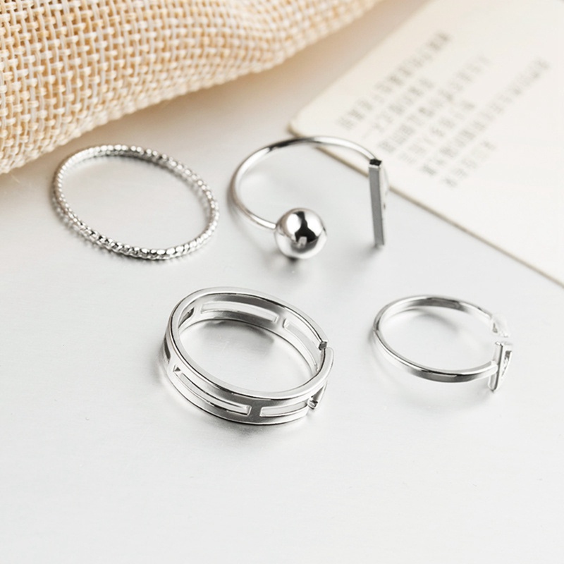 4pcs/set Cincin Gaya Korea Simple Joker Metal Finger Ring Adjustable Warna Silver Untuk Wanita Gift Ring