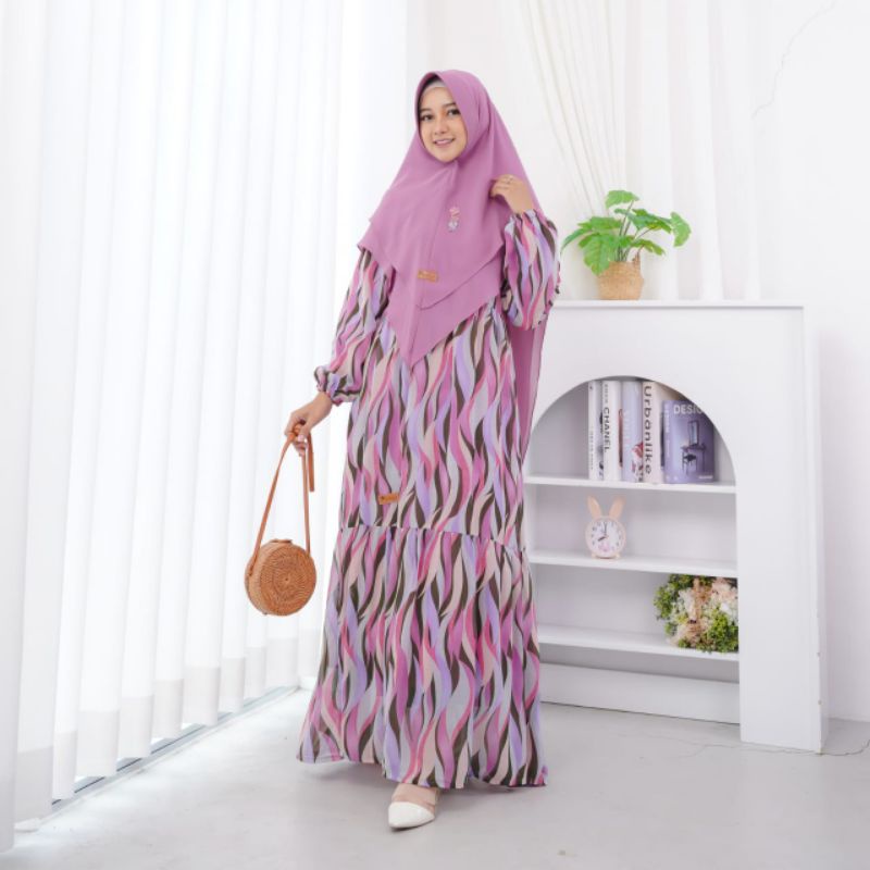 Gamis Syar'i Ceruty Babydoll One Set Khimar (Abstrak)