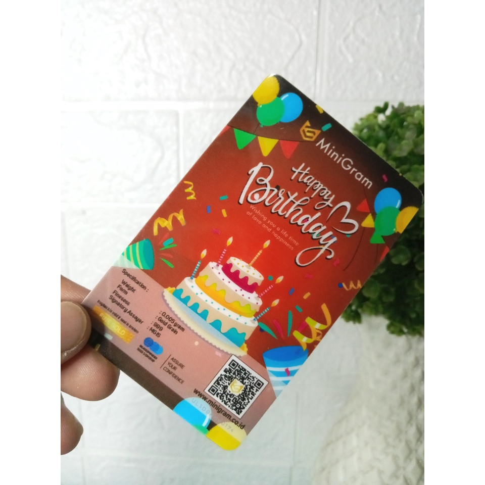 MINIGRAM Gift Series 0.005 Gram Happy Birthday Red Edition Kemasan PVC TERMURAH TERLARIS Emas Mini Emas Batangan Logam Mulia Murni 24 Karat Bersertifikat Resmi Asli Original Tabungan Emas Souvenir Keren Mewah