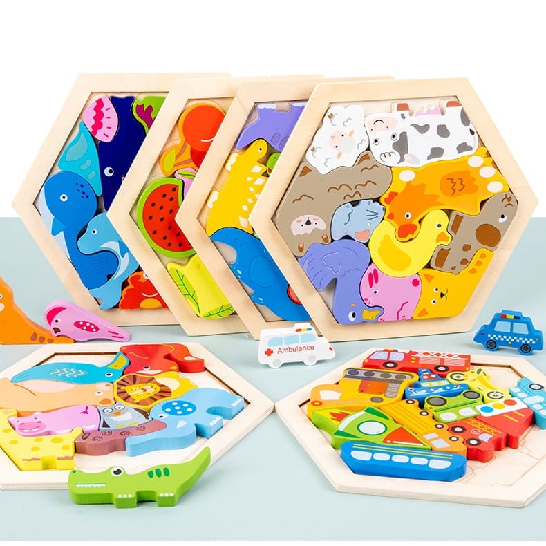 HZ Puzzle 3D Hexagon Animal Wooden Montessori Wooden Chunky Hexagon Puzzle Mencocokan Bentuk Karakter