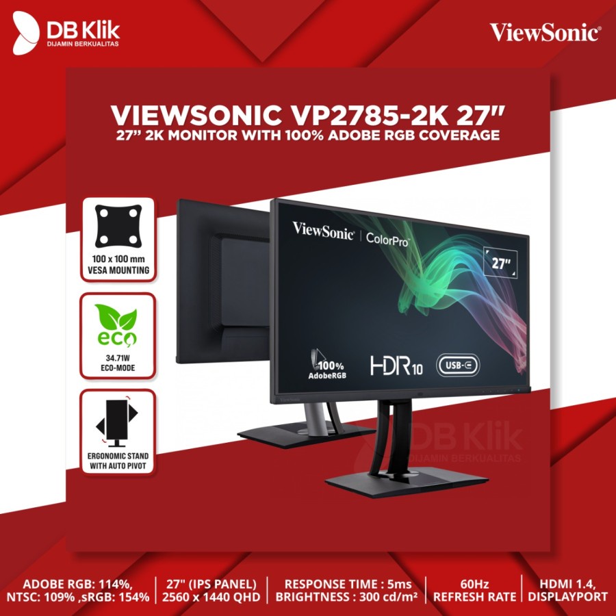 LED Monitor VIEWSONIC VP2785-2K 27&quot; 60Hz WQHD HDMI DP - VP2785 2K