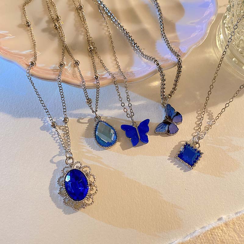 YEEZII Set Kalung Rantai Liontin Permata Warna-Warni Hati Butterfly Silver Choker Necklace Untuk Wanita Fashion Aksesoris Perhiasan