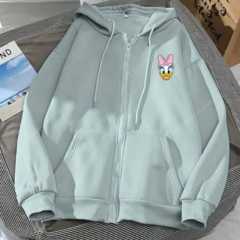 Hoodie Wanita Resleting Disney Karakter Daisy Duck Dewasa Size L/XL XXL Bahan Fleece Tebal Hodie Ter