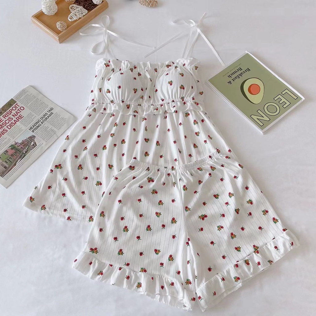 Setelan Baju Tidur Set Baju Pendek Celana Pendek Piyama Import Korea Sweet French Cute