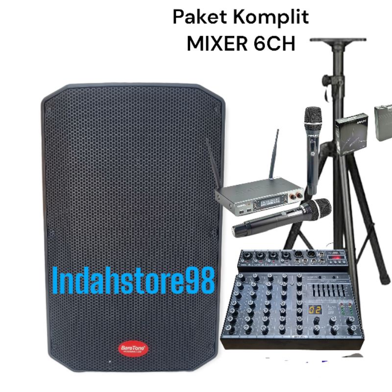 Paket Karaoke Speaker Aktif 15 Inch Baretone Max15DX Plus Mixer 6 Channel Plus 2 Mic Wireless Origin