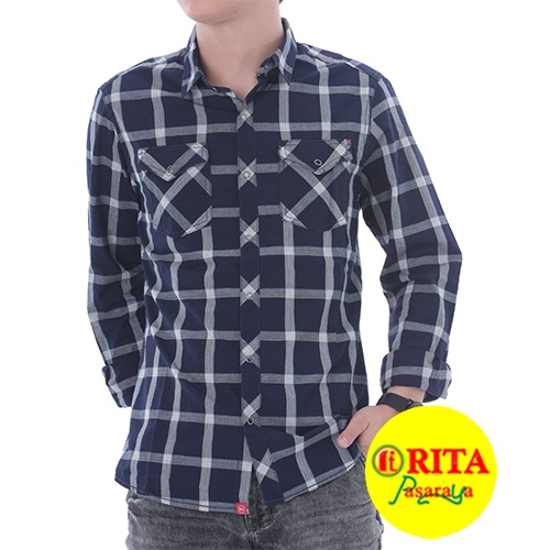 Oxygen Denim Kemeja Pria Kemeja Lengan Panjang Kemeja Kotak Kotak Warna Navy 202 002141