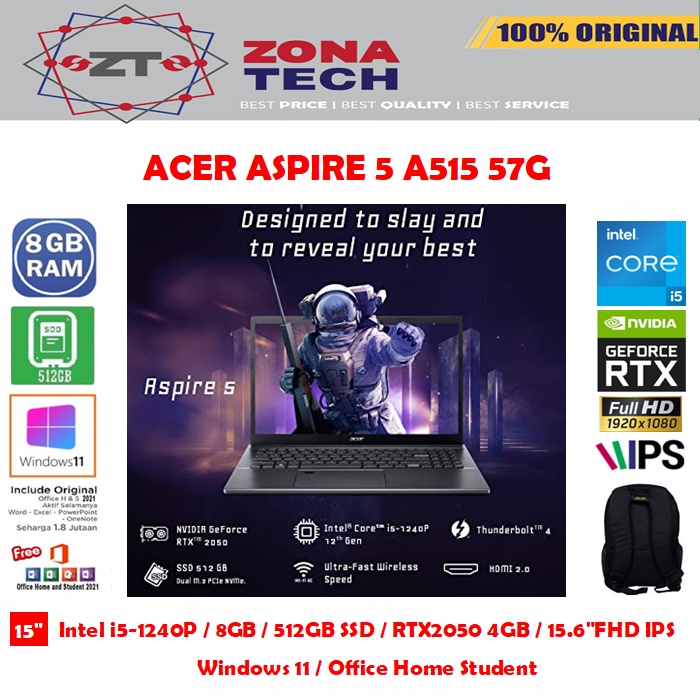 ACER ASPIRE 5 A515-57G - i5-1240P - 8GB - 512GB SSD - NVIDIA RTX2050 4GB - 15.6&quot;FHD IPS - W11 - OHS