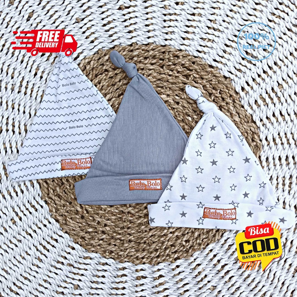 SALE 7.7 Serian Abu - 3 Pcs Topi Kupluk Bayi Baru Lahir Topi Bayi 0 - 3 Bulan GREY SERIES merk SNI Bolo - Bolo