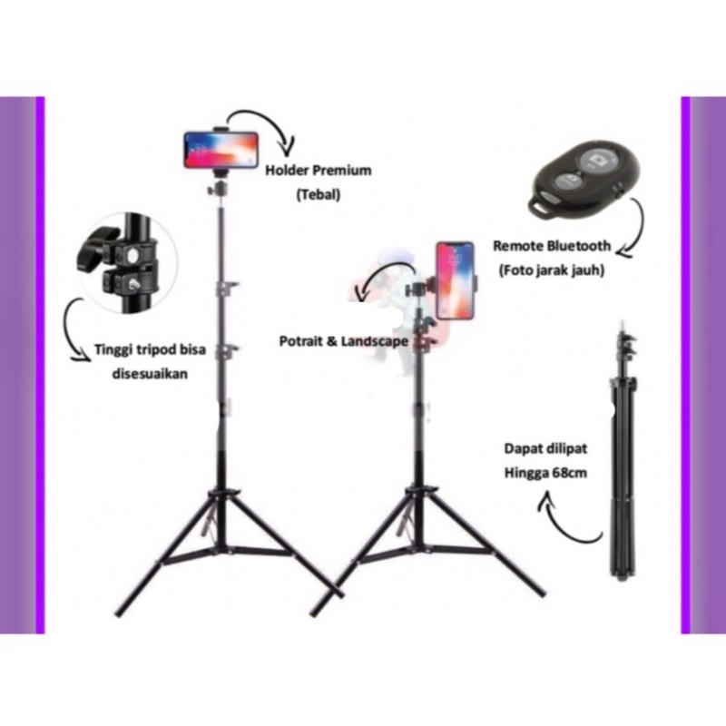 Paket Komplit Tripod 2,1 Meter Besi + Remote Bluetooth Buat Selfie