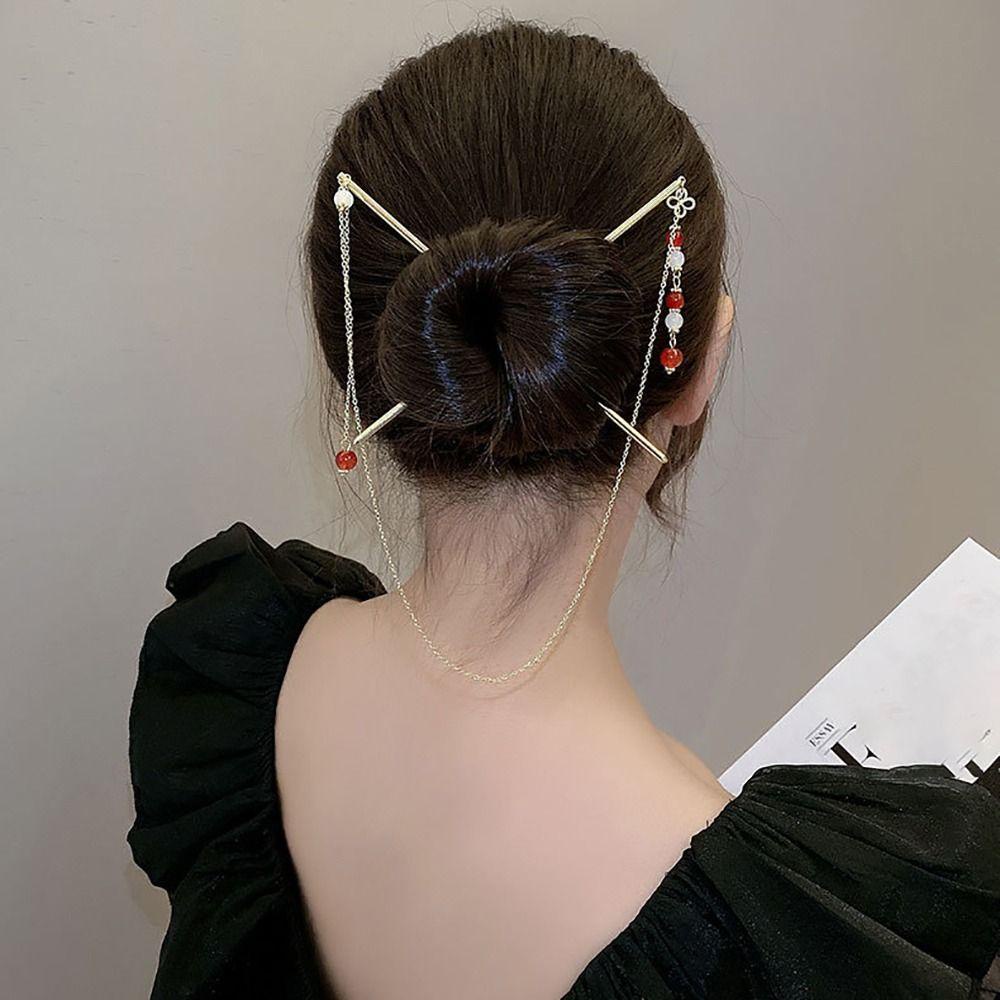 Needway Double Rumbai Rambut Tongkat Temperamen Hanfu Hiasan Kepala Vintage Bunga Hiasan Kepala Ponytail Holder Untuk Pria Mutiara Rambut Insert Rambut Garpu