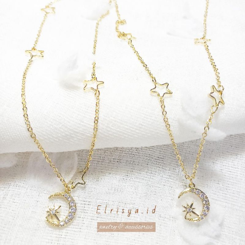 KALUNG BULAN KALUNG BINTANG LIONTIN Kalung Rantai Klavikula 18K Gold Plated Zircon Liontin Bulan Bin