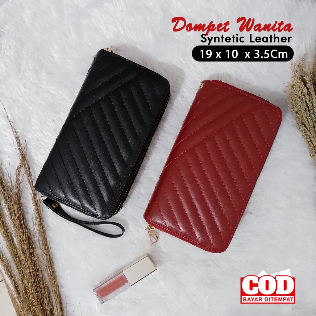 Dompet panjang wanita dompet kulit sintetis muat uang kertas dan Hp dompet kekinian motif bordir garis