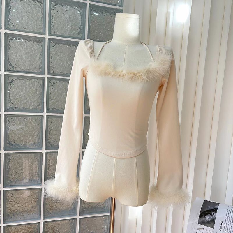 Red Hitam Mewah Lengan Panjang Kemeja Wanita Musim Dingin Keinginan Murni Angin Embun Tulang Selangka Sexy Hot Gadis Slim Slim pendek Top