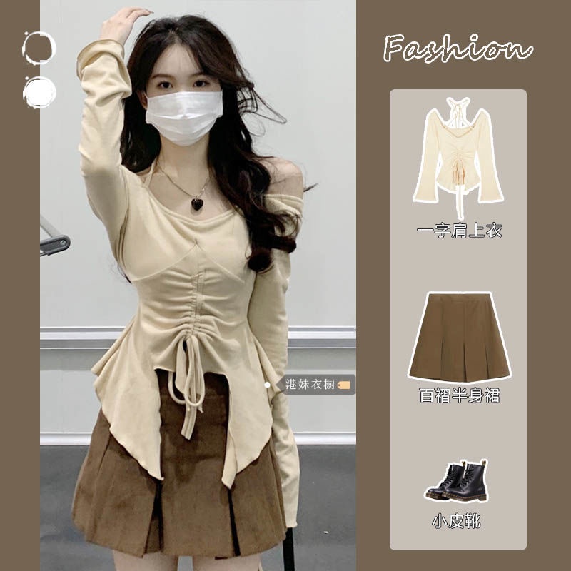 Red Retro gaya Hong Kong rasa desain one-shoulder top setelan wanita musim semi pinggang tinggi rok