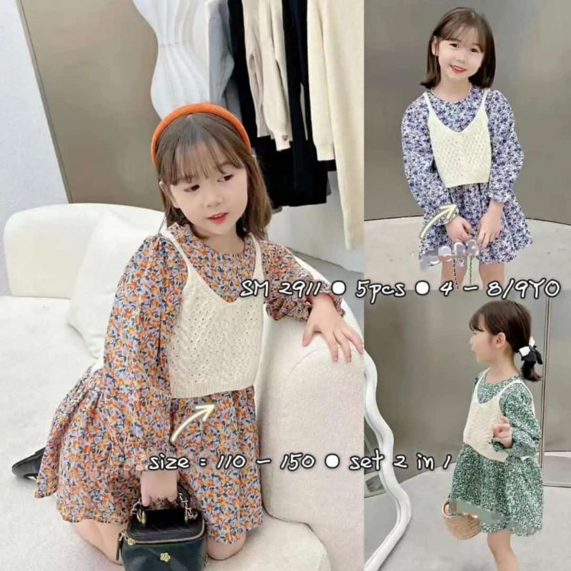 korean style/dress bunga/rompi rajut/dress anak terbaru