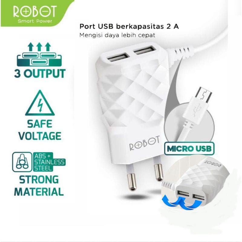 CHARGER ROBOT RT-K5 DIAMOND POWER CHARGER MICRO USB 2.1A DUAL PORT USB SMART CHIP MULTI PROTECTION