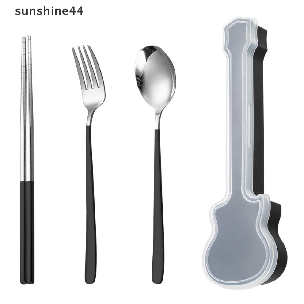 Sunshine 3Pcs Set Alat Makan Garpu Sendok Sumpit Makan Set Travel Sendok Garpu Kotak Gitar.