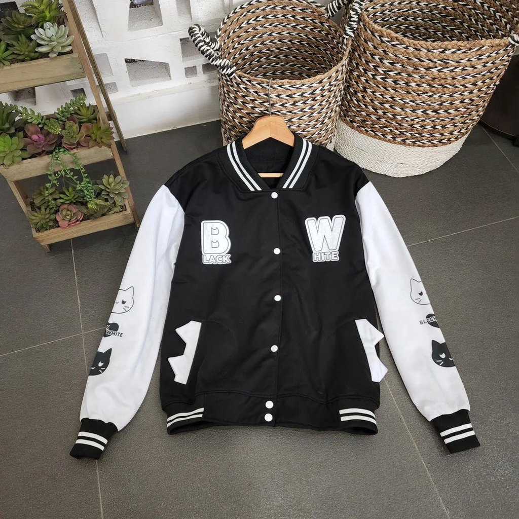 Jaket Varsity Baseball Base Ball CAT BLACK WHITE bisa untuk Wanita/Pria