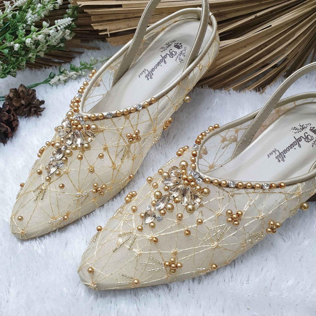 Flatshoes wedding pesta cantik Lauriena gold hak 1cm