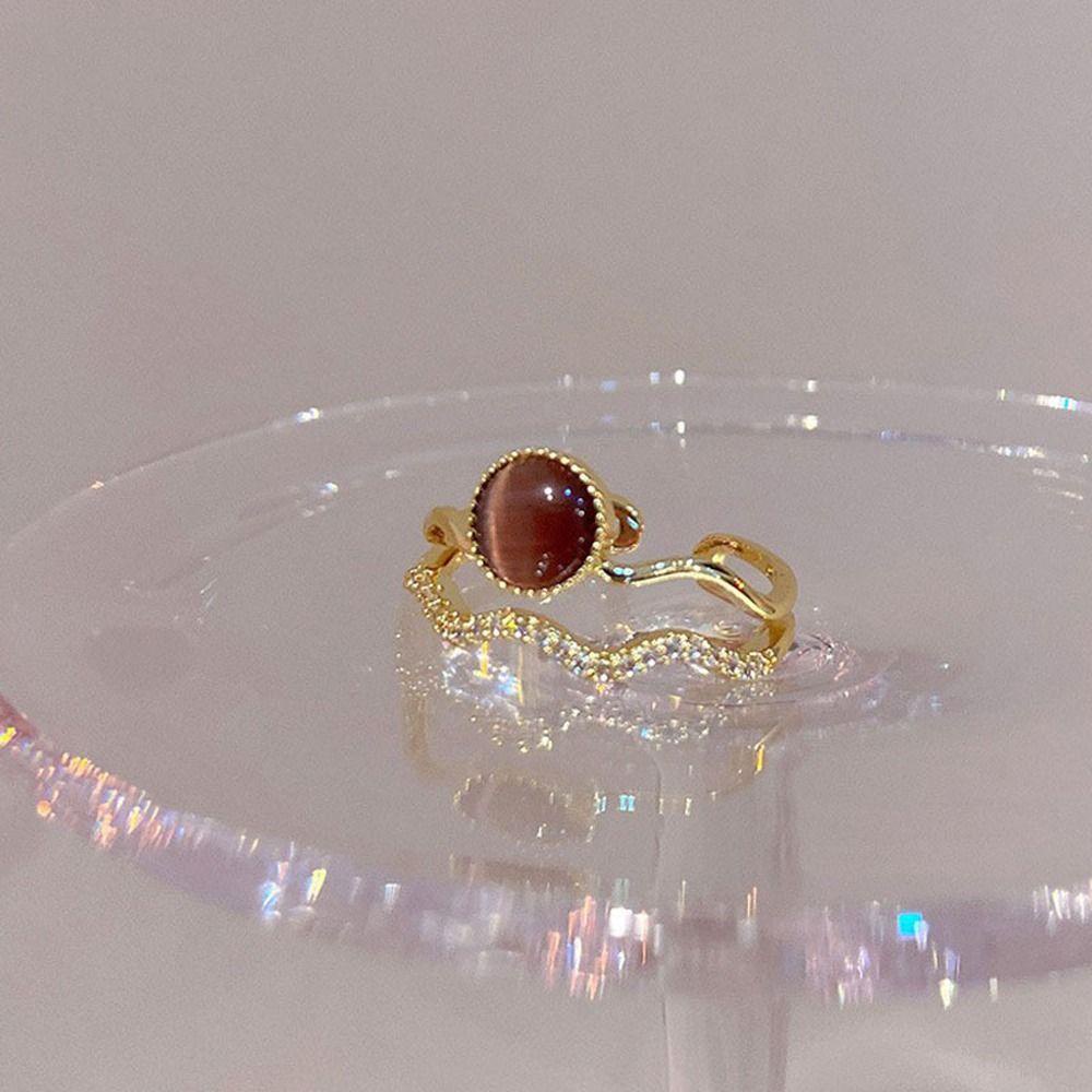 MXBEAUTY Wanita Cincin Dapat Disesuaikan Sederhana Chic Desain Niche Hadiah Gadis Manis Imitasi Mata Kucing Berlapis Ganda Pembukaan Cincin Gaya Perancis Cincin