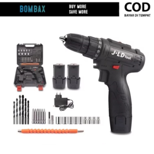 JLD Mesin Bor Tangan Baterai 12V Mesin Bor Cas Komplit 2 Baterai Set Box Bor Kayu Skrup Tembok