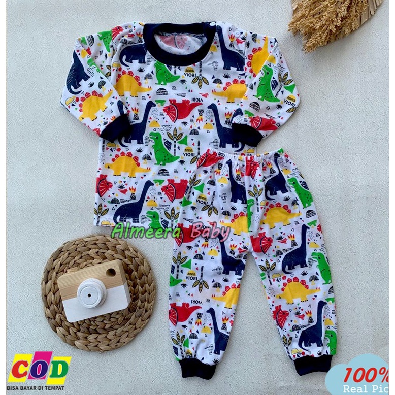 Setelan Baju Bayi Piyama Bayi Lengan Panjang Kancing Pundak Motif Brontosaurus Usia 3-12 Bulan Almeera Baby and Kids