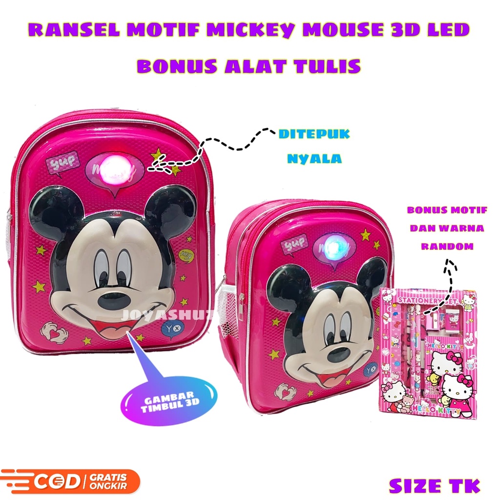 Ransel Anak Sekolah Perempuan Karakter Mickey - Tas Anak 3D Mickey Gemas - Ransel Lucu - Tas Gratis Bonus - Ransel Gratis Botol