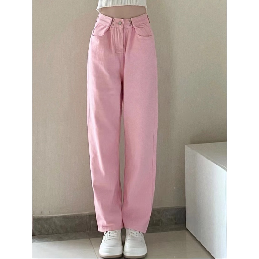 Pink Highwaist Lurus Kasual Loose Celana Jeans Wanita