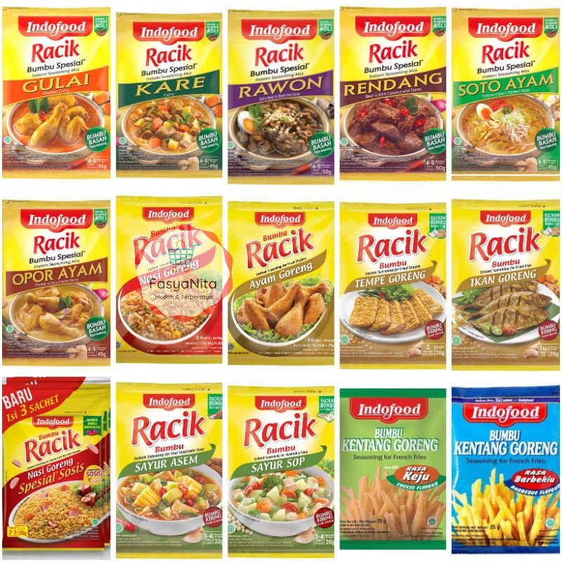 

Indofood Racik Aneka Bumbu Instan Rendang Rawon Kare Opor Soto Gule ayam tempe ikan goreng sayur asem sop nasi kentang sosis