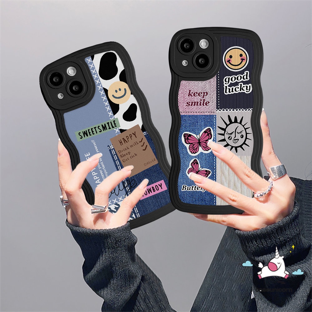 IPHONE Kompatibel Untuk Iphone11 13 14 12 Pro Max XR 6 6s 8 7 Plus 14Plus X XS Max SE 2020 Motif Koboi Kupu-Kupu Splicing Smiley Label TPU Lembut Bergelombang Tepi Back Case