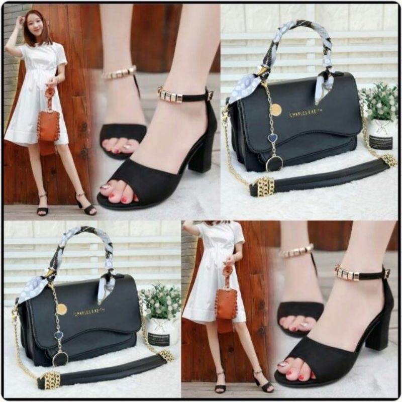 set tas 2in1 dan sandal heels wanita sandal hak tahu dan tas selempang