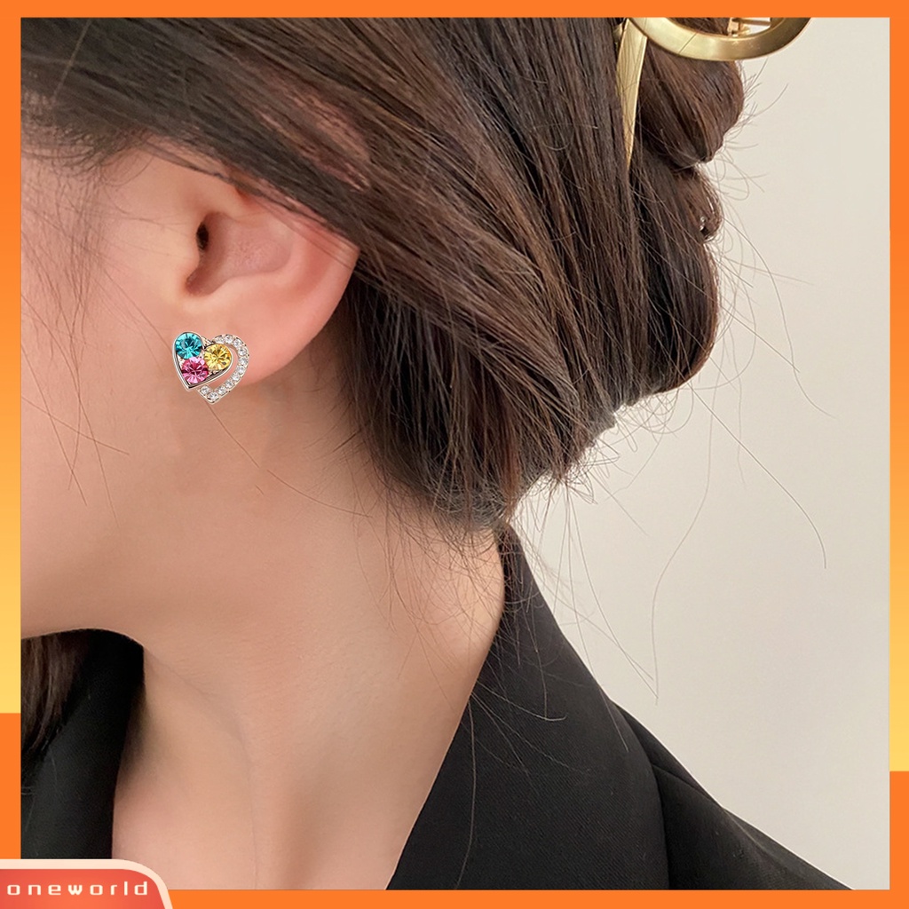 [oneworld] 1set Perhiasan Wanita Set Shiny Colorful Full Rhinestones Geometris Berkilau Hias Hadiah Anniversary Cinta Bentuk Hati Liontin Kalung Stud Anting Set