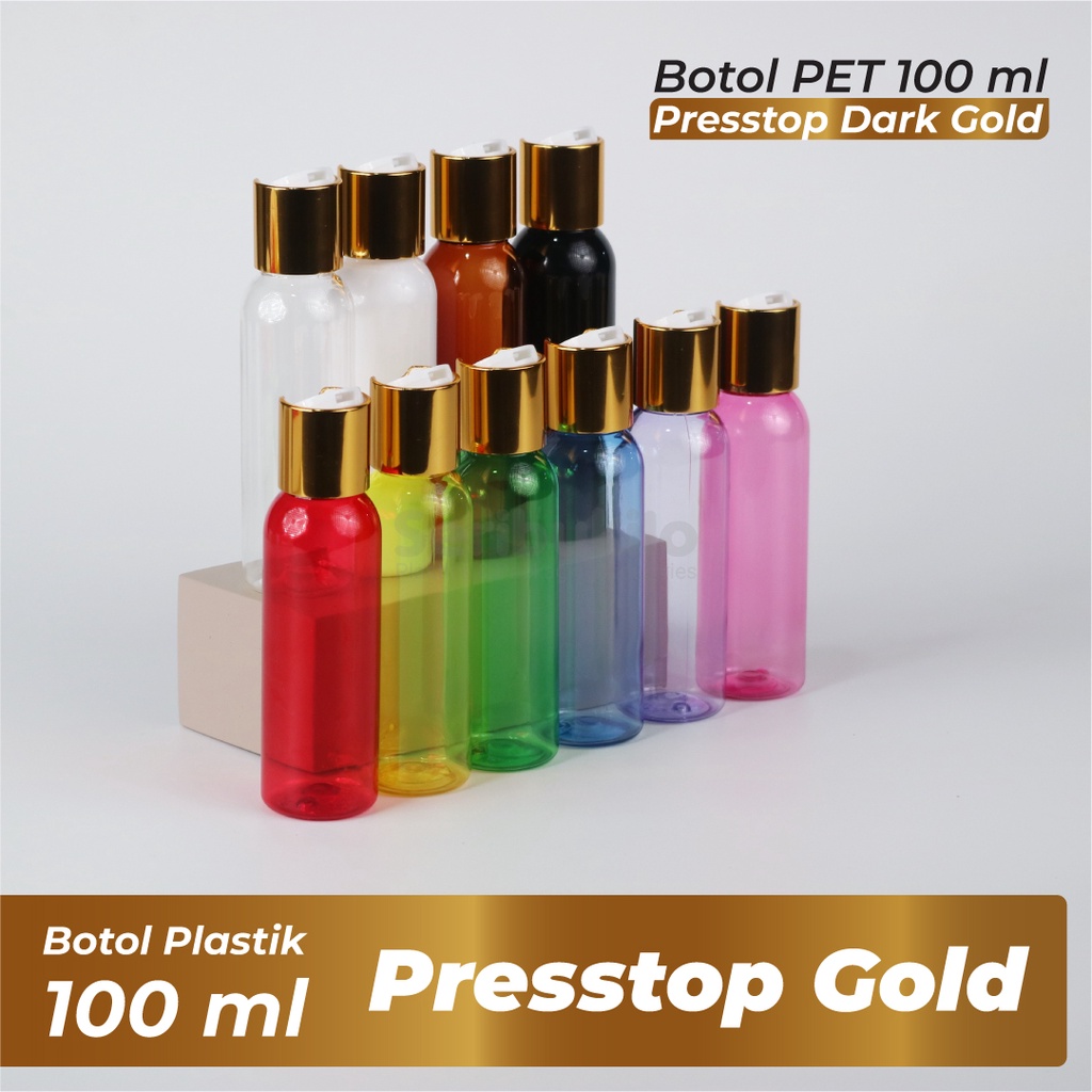 Botol Presstop Gold 100ml/Botol PET 100ml Warna/Br 100ml Presstop Dark Gold