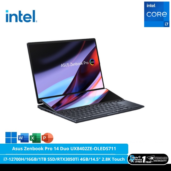 Asus Zenbook Pro 14 Duo UX8402ZE-OLEDS711 [Intel Core i7-12700H/16GB/1TB SSD/RTX3050Ti 4GB/14.5″ 2.8K Touch/Win 11 Home+OHS 2021/Tech Black}