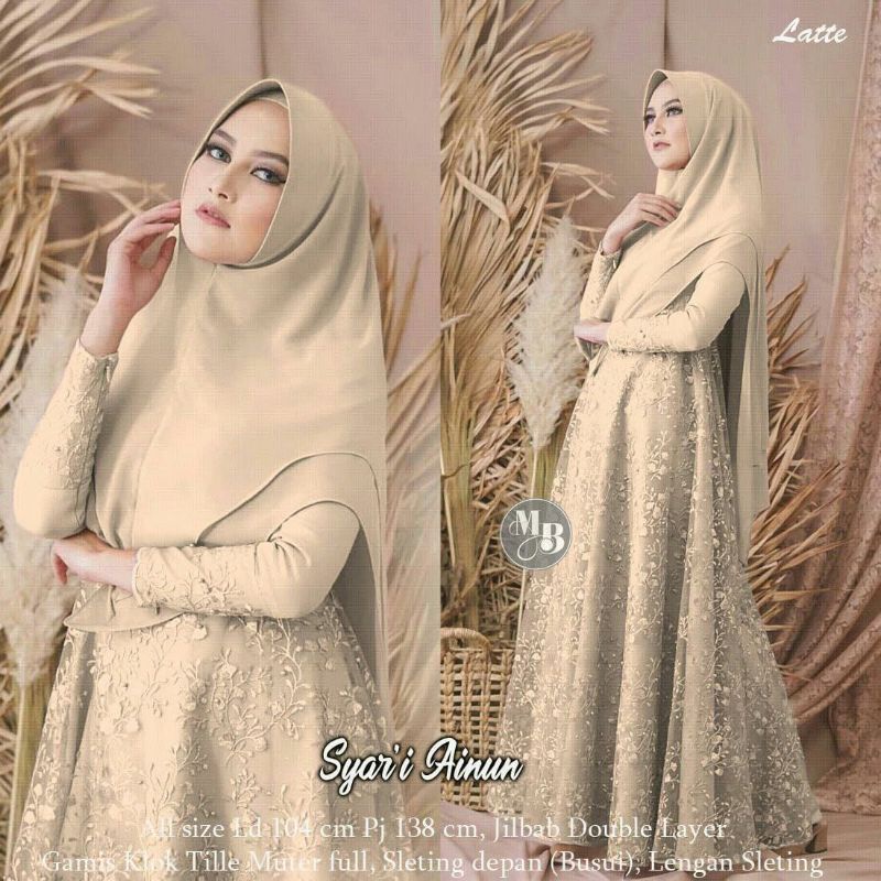 SYAR'I AINUN SET GAMIS+HIJAB IBU NENEK BROKAT TILLE MEWAH BIG SIZE JUMBO DRESS LEBARAN KONDANGAN HAJ