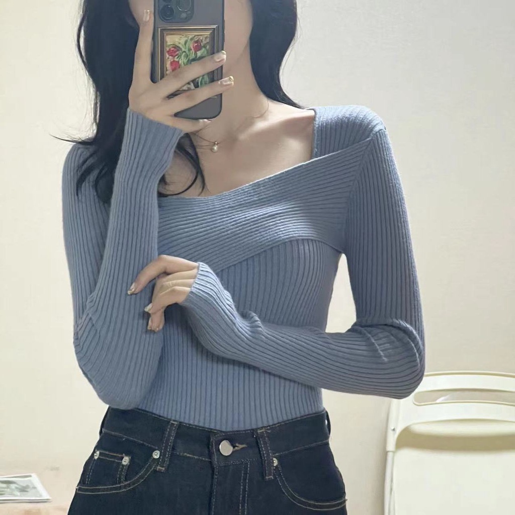 Red Keinginan murni untuk mengekspos tulang selangka temperamen tidak teratur rajutan sweater wanita musim gugur dan musim dingin rasa desain ceruk slim-pas sweater kemeja bagian dalam bottoming