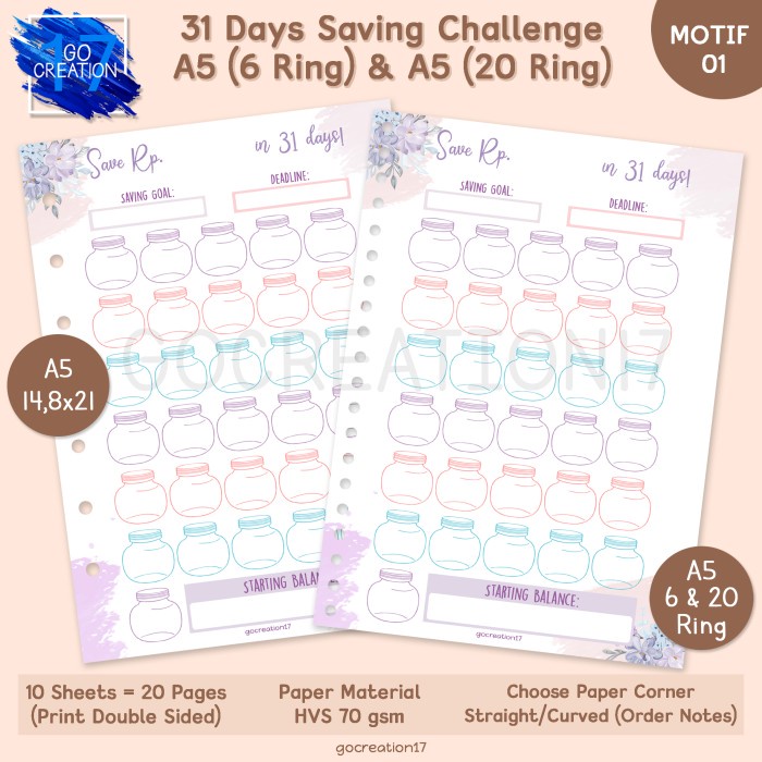 

Kertas Isi Binder 31 Days Saving Challenge A5 (6 Ring) & A5 (20 Rin)