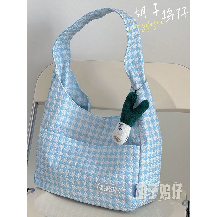 ☽▧Sera Versi Korea dari Houndstooth Tote Bag Wanita Kapasitas Besar Tas Wanita Commuter Tas Gelembung Grid Gadis Pelajar kelas Tas Bahu