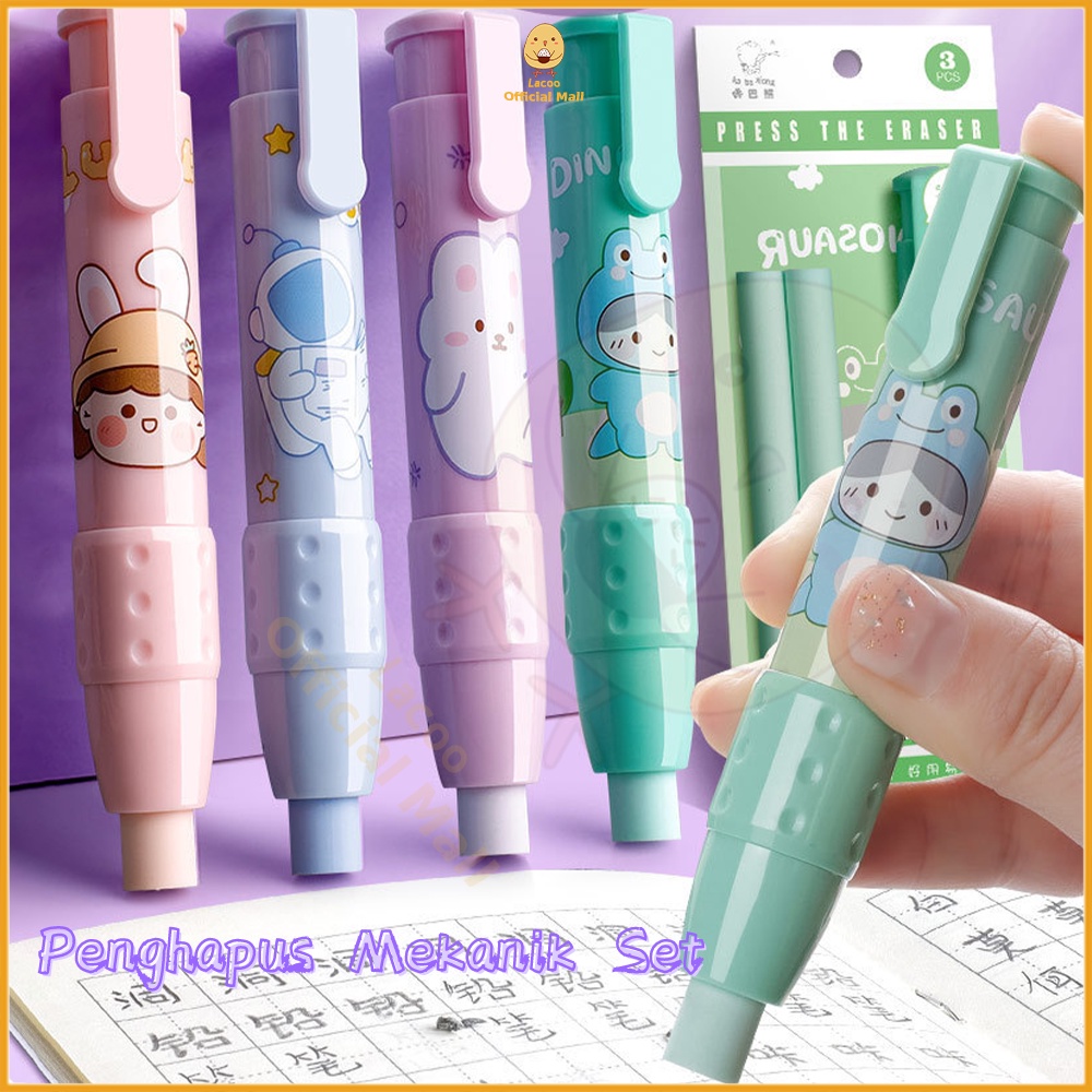 Poney Mechanic eraser set Penghapus mekanik Kartun Sliding eraser dengan 2pc refill