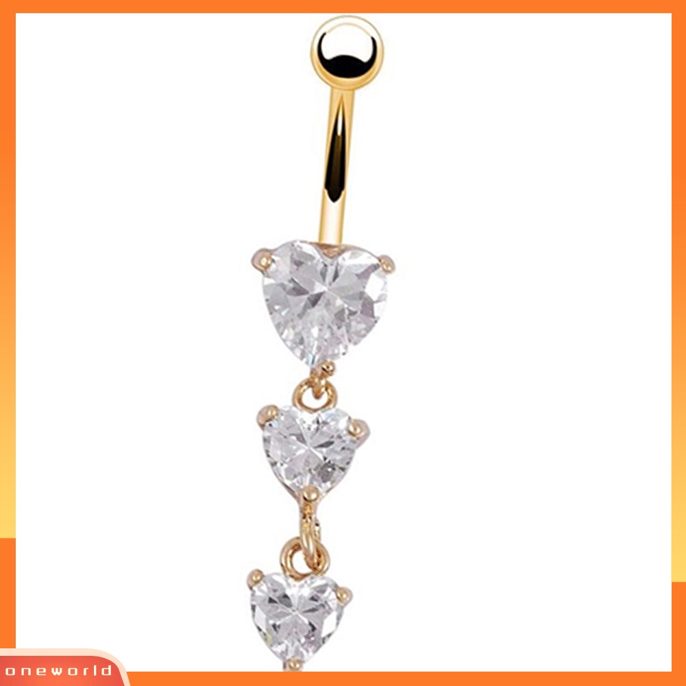 [oneworld] Cincin Pusar Emas Tindik Tubuh3Hati Kristal Bening Menjuntai Belly Button Rings